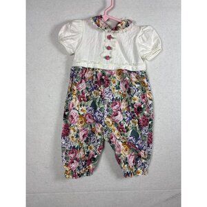 Infant Floral Romper With Lace Collar & Rose Button Details